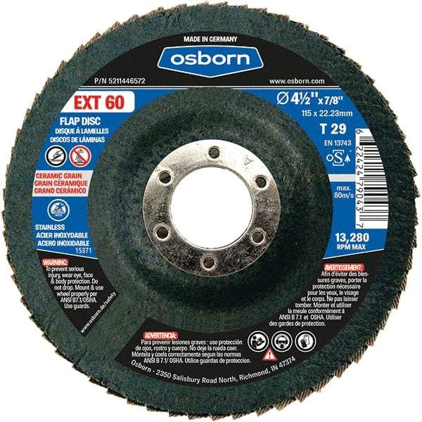 Osborn - 60 Grit, 4-1/2" Disc Diam, 7/8" Center Hole, Type 29 Ceramic Flap Disc - 13,280 Max RPM, Fiberglass Backing, Arbor Attaching System, Coated - Benchmark Tooling
