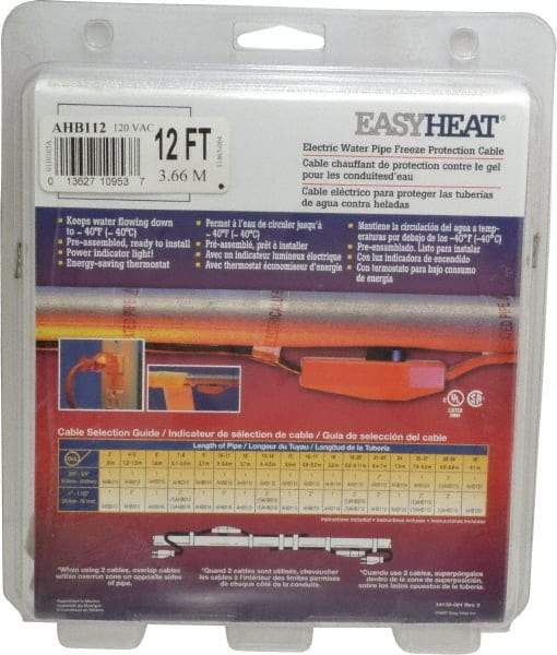 EasyHeat - 12' Long, Preassembled, Fixed Length, Fixed Wattage, Protection Heat Cable - 120 Input Volts, 84 Watts - Benchmark Tooling