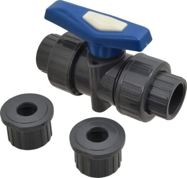Simtech - 3/4" Pipe, Full Port, PVC True Union Design Ball Valve - Inline - Two Way Flow, FNPT x FNPT (with Socket Adapter) Ends, Tee Handle, 232 WOG - Benchmark Tooling