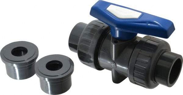 Simtech - 1" Pipe, Full Port, PVC True Union Design Ball Valve - Inline - Two Way Flow, FNPT x FNPT (with Socket Adapter) Ends, Tee Handle, 232 WOG - Benchmark Tooling