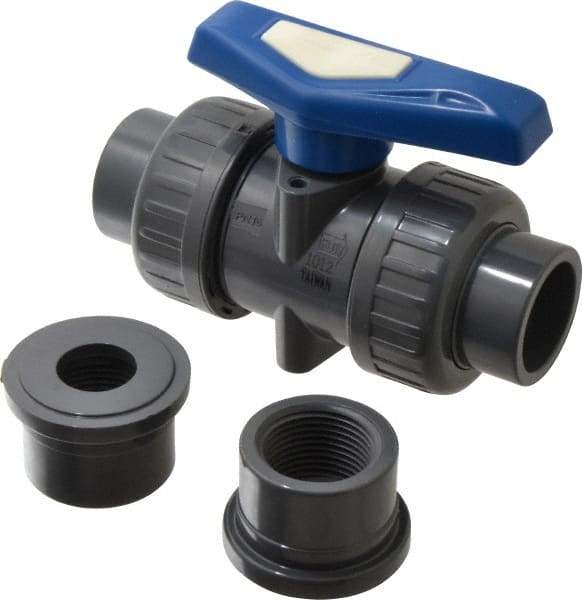 Simtech - 1" Pipe, Full Port, PVC True Union Design Ball Valve - Inline - Two Way Flow, FNPT x FNPT (with Socket Adapter) Ends, Tee Handle, 232 WOG - Benchmark Tooling
