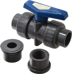 Simtech - 1" Pipe, Full Port, PVC True Union Design Ball Valve - Inline - Two Way Flow, FNPT x FNPT (with Socket Adapter) Ends, Tee Handle, 232 WOG - Benchmark Tooling