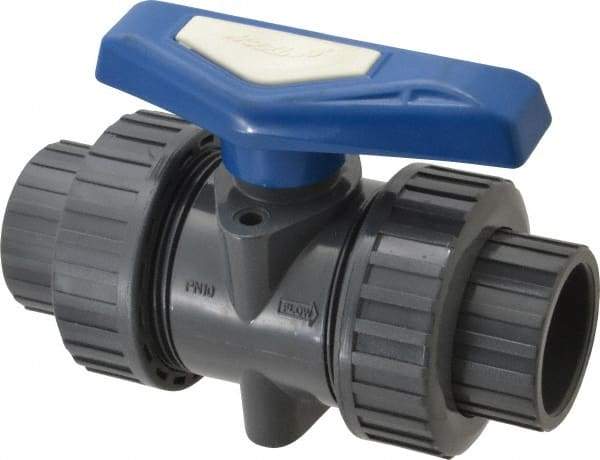 Simtech - 1-1/4" Pipe, Full Port, PVC True Union Design Ball Valve - Inline - Two Way Flow, FNPT x FNPT (with Socket Adapter) Ends, Tee Handle, 232 WOG - Benchmark Tooling