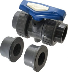 Simtech - 1-1/2" Pipe, Full Port, PVC True Union Design Ball Valve - Inline - Two Way Flow, FNPT x FNPT (with Socket Adapter) Ends, Tee Handle, 232 WOG - Benchmark Tooling