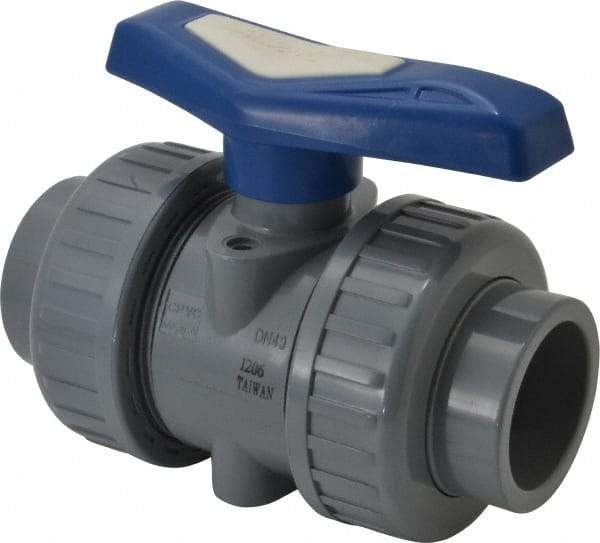 Simtech - 1-1/2" Pipe, Full Port, CPVC True Union Design Ball Valve - Inline - Two Way Flow, FNPT x FNPT (with Socket Adapter) Ends, Tee Handle, 232 WOG - Benchmark Tooling