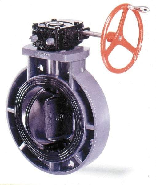 Simtech - 8" Pipe, Wafer Butterfly Valve - Gear Handle, PVC Body, EPDM Seat, 150 WOG, Polypropylene Disc, Stainless Steel Stem - Benchmark Tooling