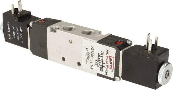 ARO/Ingersoll-Rand - 1/8" Inlet x 1/8" Outlet, Solenoid Actuator, Solenoid Return, 3 Position, Body Ported Solenoid Air Valve - 120 VAC Input, 0.5 CV, 4 Way, 115 psi, 122° Max Temp - Benchmark Tooling