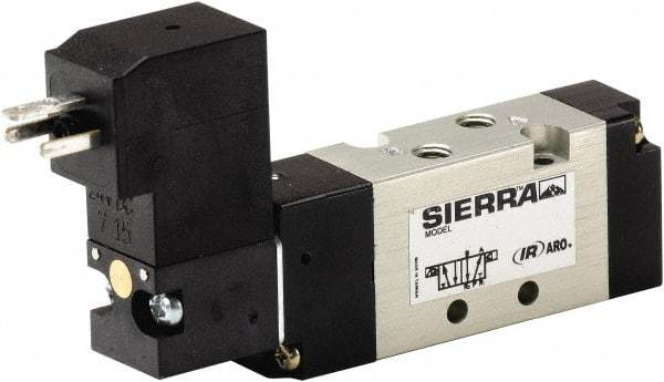 ARO/Ingersoll-Rand - 10-32" Inlet, Solenoid Actuator, Spring Return, 2 Position, Body Ported Solenoid Air Valve - 120 VAC Input, 1/4 CV, 4 Way, 115 psi, 122° Max Temp - Benchmark Tooling