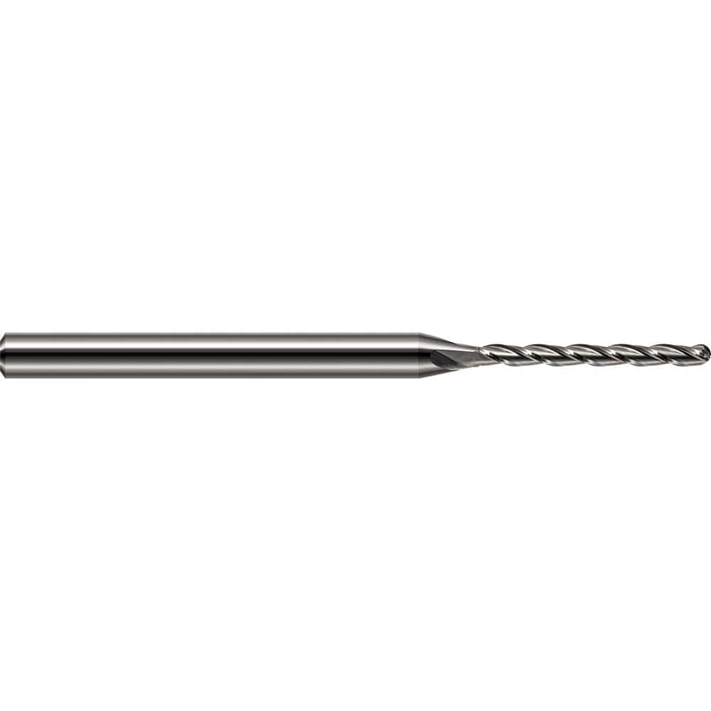 Ball End Mill: 0.039″ Dia, 0.48″ LOC, 3 Flute, Solid Carbide 2-1/2″ OAL, 1/8″ Shank Dia, 30 ° Helix, Uncoated