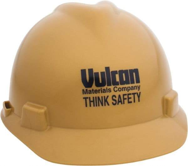 MSA - ANSI Type I, Class E Rated, 4-Point, Ratchet Adjustment Hard Hat - Size 6-1/2 to 8, Gold, Standard Brim, Vulcan - Benchmark Tooling