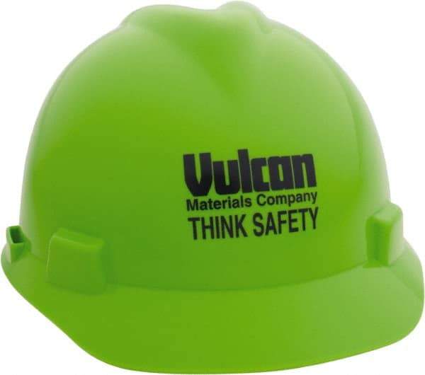 MSA - ANSI Type I, Class E Rated, 4-Point, Ratchet Adjustment Hard Hat - Size 6-1/2 to 8, Bright Lime Green, Standard Brim, Vulcan - Benchmark Tooling