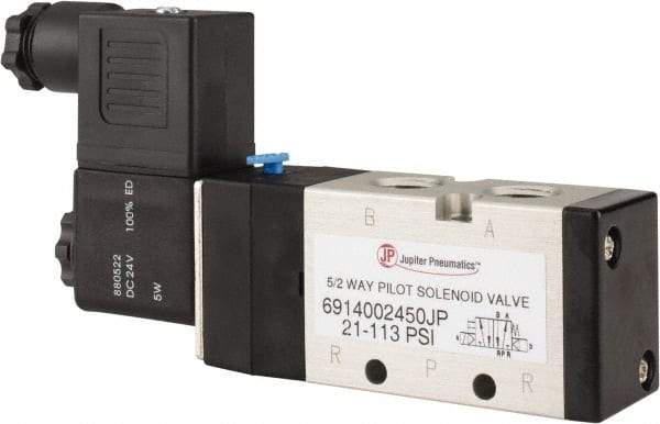 PRO-SOURCE - 1/4", 5/2 Way Single Stacking Solenoid Valve - 24 VDC, 0.98 CV Rate, 2.6" High x 5.12" Long - Benchmark Tooling