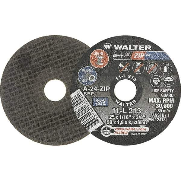 WALTER Surface Technologies - 2" 24 Grit Aluminum Oxide Cutoff Wheel - 1/16" Thick, 3/8" Arbor, 31,000 Max RPM, Use with Die Grinders - Benchmark Tooling