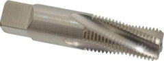 Balax - 1/4-18 NPT, 15° Helix, 4 Flutes, Bottoming Chamfer, Bright Finish, Cobalt, Spiral Flute Pipe Tap - Right Hand Flute, 9/16" Shank Diam, 1-1/16" Thread Length, 0.333-0.389" Projection, 7/16" Square Size, - Exact Industrial Supply