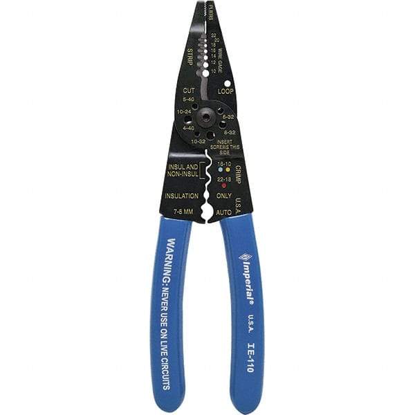 Imperial - 10 to 22 AWG Capacity Wire Stripper/Cutter/Crimper - 8-1/4" OAL, Hardened Steel with Cushion Grip Handle - Benchmark Tooling