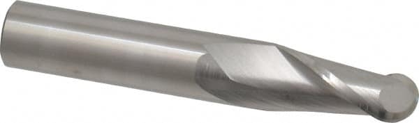 SGS - 1/2" Diam, 1" LOC, 2 Flute Solid Carbide Ball End Mill - Uncoated, Single End, 3" OAL, 1/2" Shank Diam, Spiral Flute - Benchmark Tooling