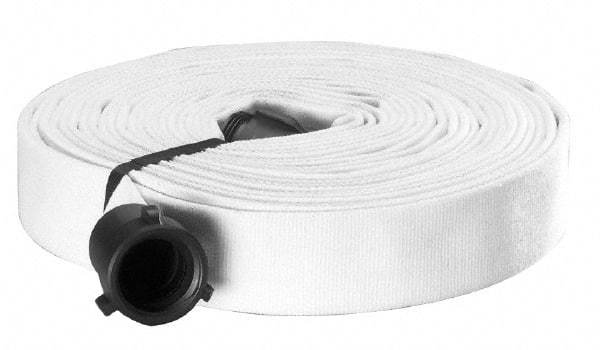 Made in USA - 1-1/2" ID x 1-3/4" OD, 250 Working psi, White Polyester/Rubber Fire Hose, Single Jacket - 1-1/2" NH/NST Ends, 100' Long, -40 to 150°F,750 Burst psi - Benchmark Tooling