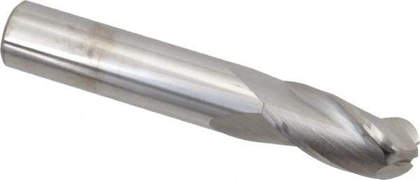 SGS - 1/2" Diam, 1" LOC, 3 Flute Solid Carbide Ball End Mill - Uncoated, Single End, 3" OAL, 1/2" Shank Diam, Spiral Flute - Benchmark Tooling
