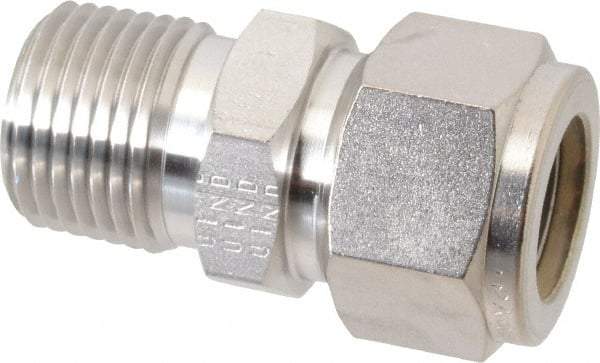 Parker - 5/8" OD, Stainless Steel Male Connector - -425 to 1,200°F, 15/16" Hex, Comp x MNPT Ends - Benchmark Tooling