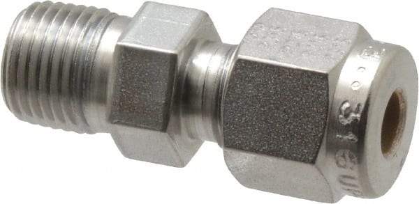 Parker - 3/16" OD, Stainless Steel Male Connector - -425 to 1,200°F, 7/16" Hex, Comp x MNPT Ends - Benchmark Tooling