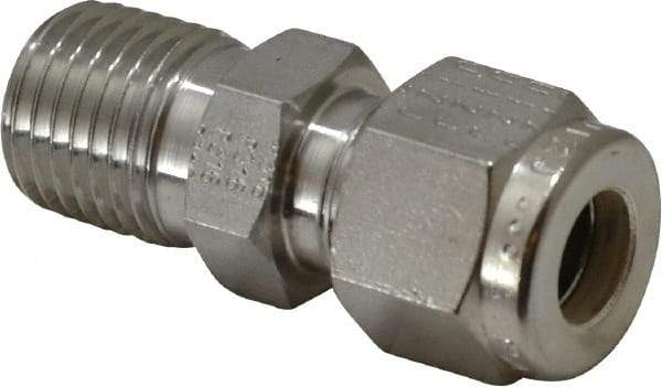 Parker - 5/16" OD, Stainless Steel Male Connector - -425 to 1,200°F, 9/16" Hex, Comp x MNPT Ends - Benchmark Tooling