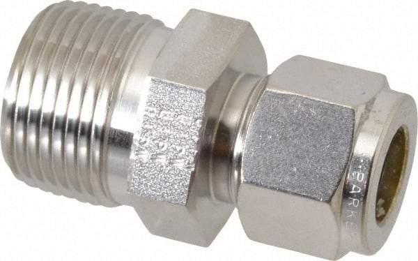 Parker - 1/2" OD, Stainless Steel Male Connector - -425 to 1,200°F, 1-1/16" Hex, Comp x MNPT Ends - Benchmark Tooling