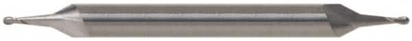 SGS - 7/16" Diam, 9/16" LOC, 2 Flute Solid Carbide Ball End Mill - TiN Finish, Double End, 2-3/4" OAL, 7/16" Shank Diam, Spiral Flute - Benchmark Tooling