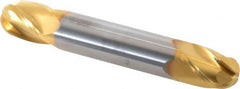 SGS - 7/16" Diam, 9/16" LOC, 4 Flute Solid Carbide Ball End Mill - TiN Finish, Double End, 2-3/4" OAL, 7/16" Shank Diam, Spiral Flute - Benchmark Tooling