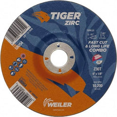 Weiler - 30 Grit, 9" Wheel Diam, 7/8" Arbor Hole, Type 27 Depressed Center Wheel - Hard Grade, Zirconia Alumina, T Hardness, 10,200 Max RPM - Benchmark Tooling