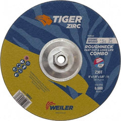 Weiler - 30 Grit, 9" Wheel Diam, Type 27 Depressed Center Wheel - Hard Grade, Zirconia Alumina, T Hardness, 6,600 Max RPM - Benchmark Tooling