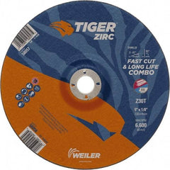 Weiler - 30 Grit, 9" Wheel Diam, 7/8" Arbor Hole, Type 27 Depressed Center Wheel - Hard Grade, Zirconia Alumina, T Hardness, 6,600 Max RPM - Benchmark Tooling