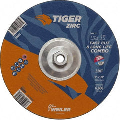 Weiler - 30 Grit, 9" Wheel Diam, Type 27 Depressed Center Wheel - Hard Grade, Zirconia Alumina, T Hardness, 6,600 Max RPM - Benchmark Tooling