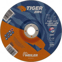 Weiler - 30 Grit, 7" Wheel Diam, 7/8" Arbor Hole, Type 27 Depressed Center Wheel - Hard Grade, Zirconia Alumina, T Hardness, 8,500 Max RPM - Benchmark Tooling