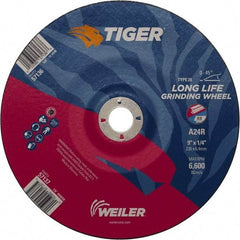 Weiler - 24 Grit, 9" Wheel Diam, 7/8" Arbor Hole, Type 28 Depressed Center Wheel - Medium Grade, Aluminum Oxide, R Hardness, 6,600 Max RPM - Benchmark Tooling