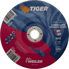 Weiler - 24 Grit, 7" Wheel Diam, 7/8" Arbor Hole, Type 28 Depressed Center Wheel - Medium Grade, Aluminum Oxide, R Hardness, 8,500 Max RPM - Benchmark Tooling