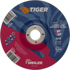 Weiler - 24 Grit, 6" Wheel Diam, 7/8" Arbor Hole, Type 27 Depressed Center Wheel - Medium Grade, Aluminum Oxide, R Hardness, 10,200 Max RPM - Benchmark Tooling