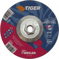 Weiler - 24 Grit, 6" Wheel Diam, Type 27 Depressed Center Wheel - Medium Grade, Aluminum Oxide, R Hardness, 10,200 Max RPM - Benchmark Tooling