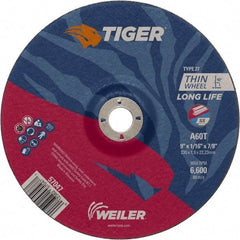 Weiler - 60 Grit, 9" Wheel Diam, 7/8" Arbor Hole, Type 27 Depressed Center Wheel - Hard Grade, Aluminum Oxide, T Hardness, 6,600 Max RPM - Benchmark Tooling