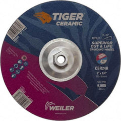Weiler - 24 Grit, 9" Wheel Diam, Type 27 Depressed Center Wheel - Medium Grade, Ceramic, R Hardness, 6,600 Max RPM - Benchmark Tooling
