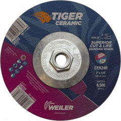 Weiler - 24 Grit, 7" Wheel Diam, Type 27 Depressed Center Wheel - Medium Grade, Ceramic, R Hardness, 8,500 Max RPM - Benchmark Tooling