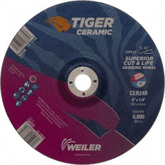 Weiler - 24 Grit, 9" Wheel Diam, 7/8" Arbor Hole, Type 27 Depressed Center Wheel - Medium Grade, Ceramic, R Hardness, 6,600 Max RPM - Benchmark Tooling