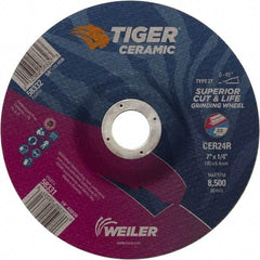 Weiler - 24 Grit, 7" Wheel Diam, 7/8" Arbor Hole, Type 27 Depressed Center Wheel - Medium Grade, Ceramic, R Hardness, 8,500 Max RPM - Benchmark Tooling