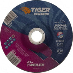 Weiler - 24 Grit, 6" Wheel Diam, 7/8" Arbor Hole, Type 27 Depressed Center Wheel - Medium Grade, Ceramic, R Hardness, 10,200 Max RPM - Benchmark Tooling