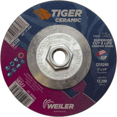 Weiler - 24 Grit, 5" Wheel Diam, Type 27 Depressed Center Wheel - Medium Grade, Ceramic, R Hardness, 12,200 Max RPM - Benchmark Tooling