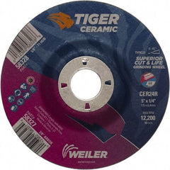 Weiler - 24 Grit, 5" Wheel Diam, 7/8" Arbor Hole, Type 27 Depressed Center Wheel - Medium Grade, Ceramic, R Hardness, 12,200 Max RPM - Benchmark Tooling