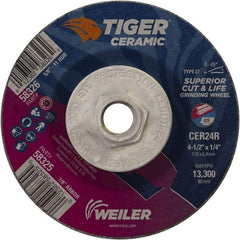 Weiler - 24 Grit, 4-1/2" Wheel Diam, Type 27 Depressed Center Wheel - Medium Grade, Ceramic, R Hardness, 13,300 Max RPM - Benchmark Tooling