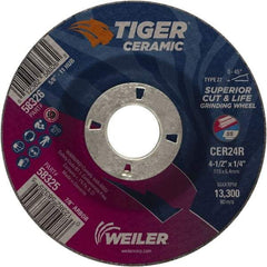 Weiler - 24 Grit, 4-1/2" Wheel Diam, 7/8" Arbor Hole, Type 27 Depressed Center Wheel - Medium Grade, Ceramic, R Hardness, 13,300 Max RPM - Benchmark Tooling