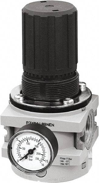 Parker - 3/4 NPT Port, 380 CFM, Aluminum Hi-Flow Regulator - 0 to 232 psi Range, 254 Max psi Supply Pressure, 1/4" Gauge Port Thread, 3-1/2" Wide x 7.2" High - Benchmark Tooling