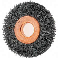 Tru-Maxx - 1-1/2" OD, 3/8" Arbor Hole, Crimped Steel Wheel Brush - 1/4" Face Width, 7/16" Trim Length, 0.0104" Filament Diam, 20,000 RPM - Benchmark Tooling