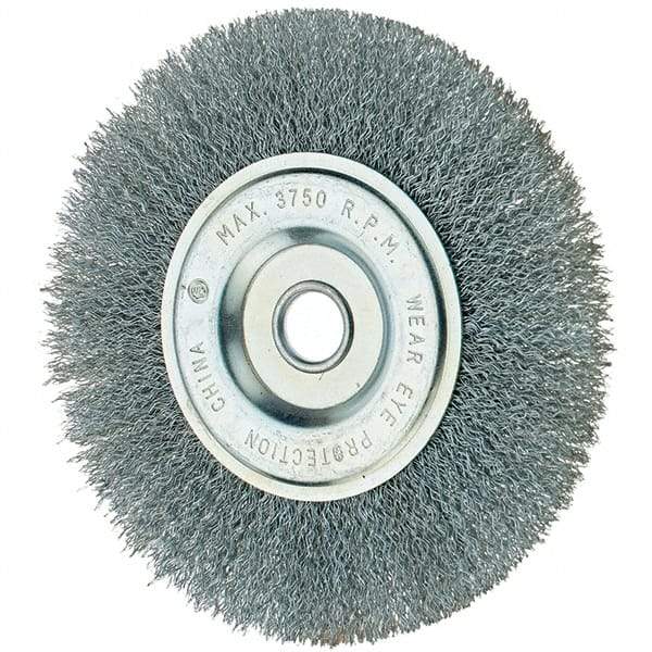 Tru-Maxx - 6" OD, 1/2" Arbor Hole, Crimped Steel Wheel Brush - 3/4" Face Width, 1-1/4" Trim Length, 0.014" Filament Diam, 6,000 RPM - Benchmark Tooling